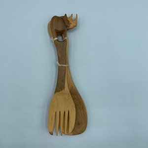 Vintage Carved Wooden African Rhino Serving Spoon & Fork Set - NWOT